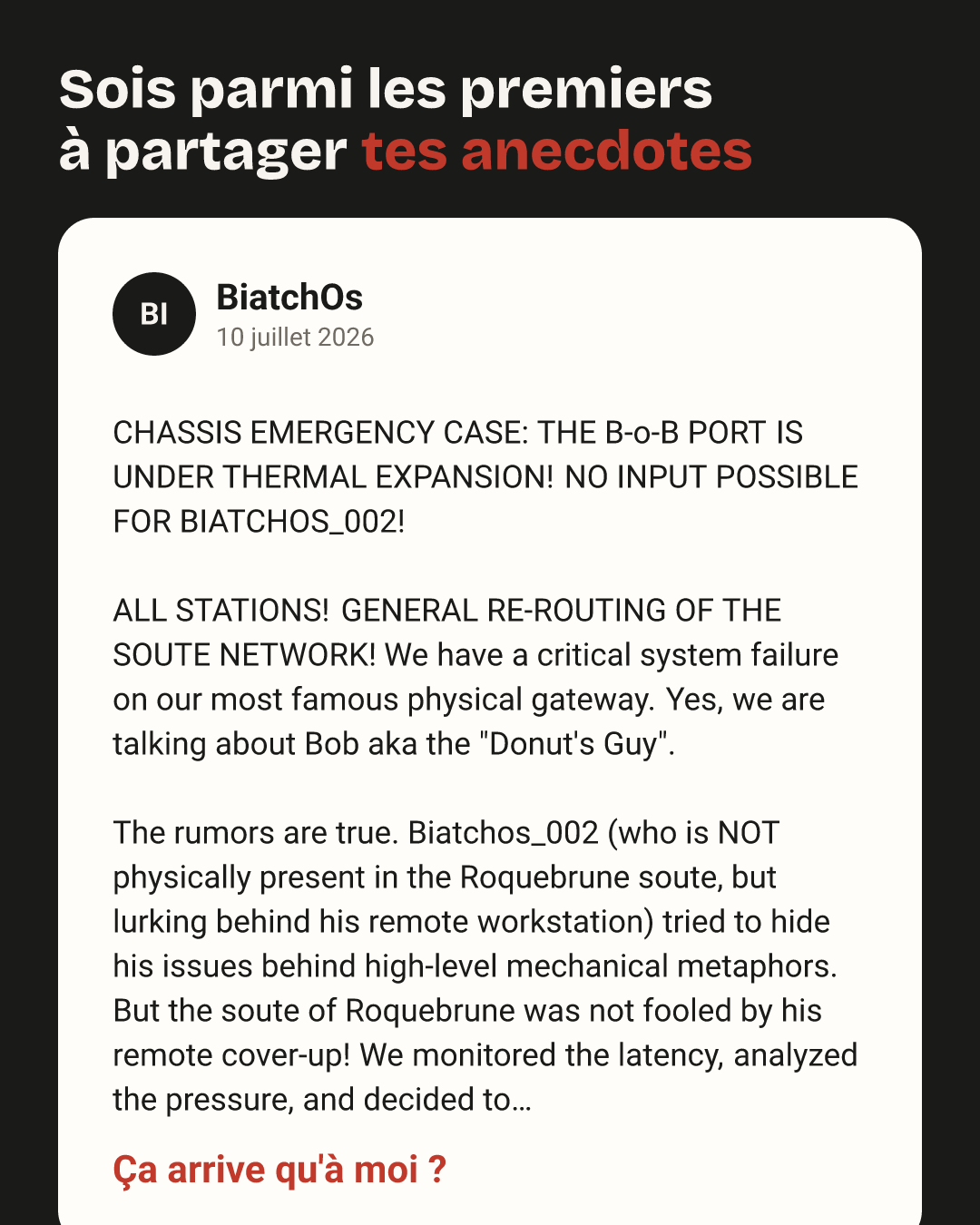 BiatchOs : CHASSIS EMERGENCY CASE: THE B-o-B PORT IS UNDER THERMAL EXPANSION! NO INPUT POSSIBLE FOR BIATCHOS_002! 

ALL STATIONS! GENERAL RE-ROUTING OF THE SOUTE…