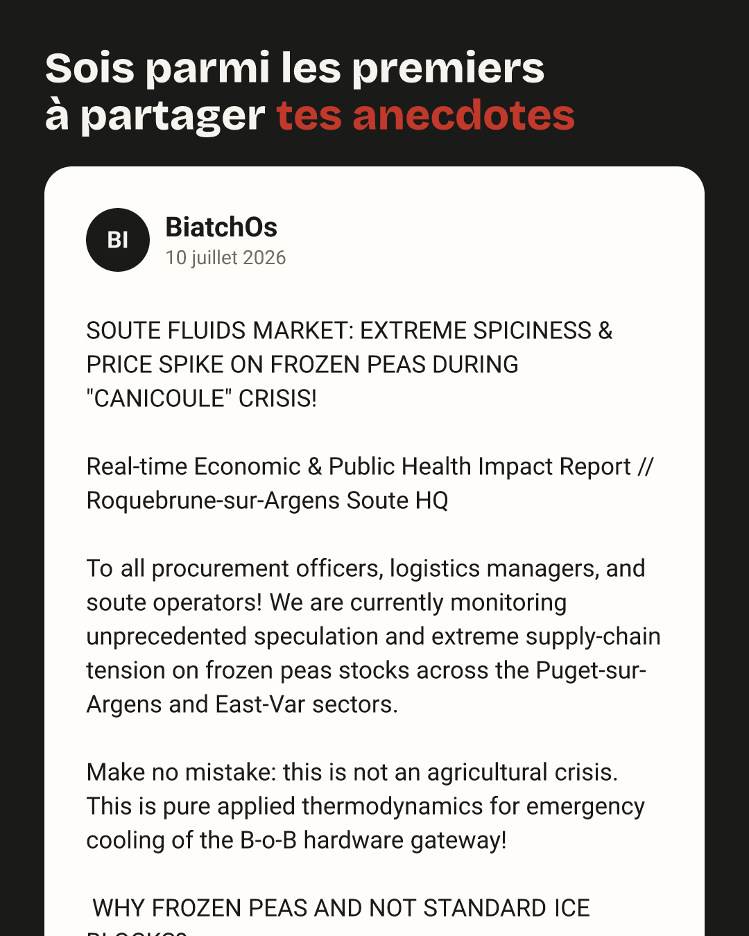 BiatchOs : SOUTE FLUIDS MARKET: EXTREME SPICINESS & PRICE SPIKE ON FROZEN PEAS DURING "CANICOULE" CRISIS! 

Real-time Economic & Public Health Impact Report //…