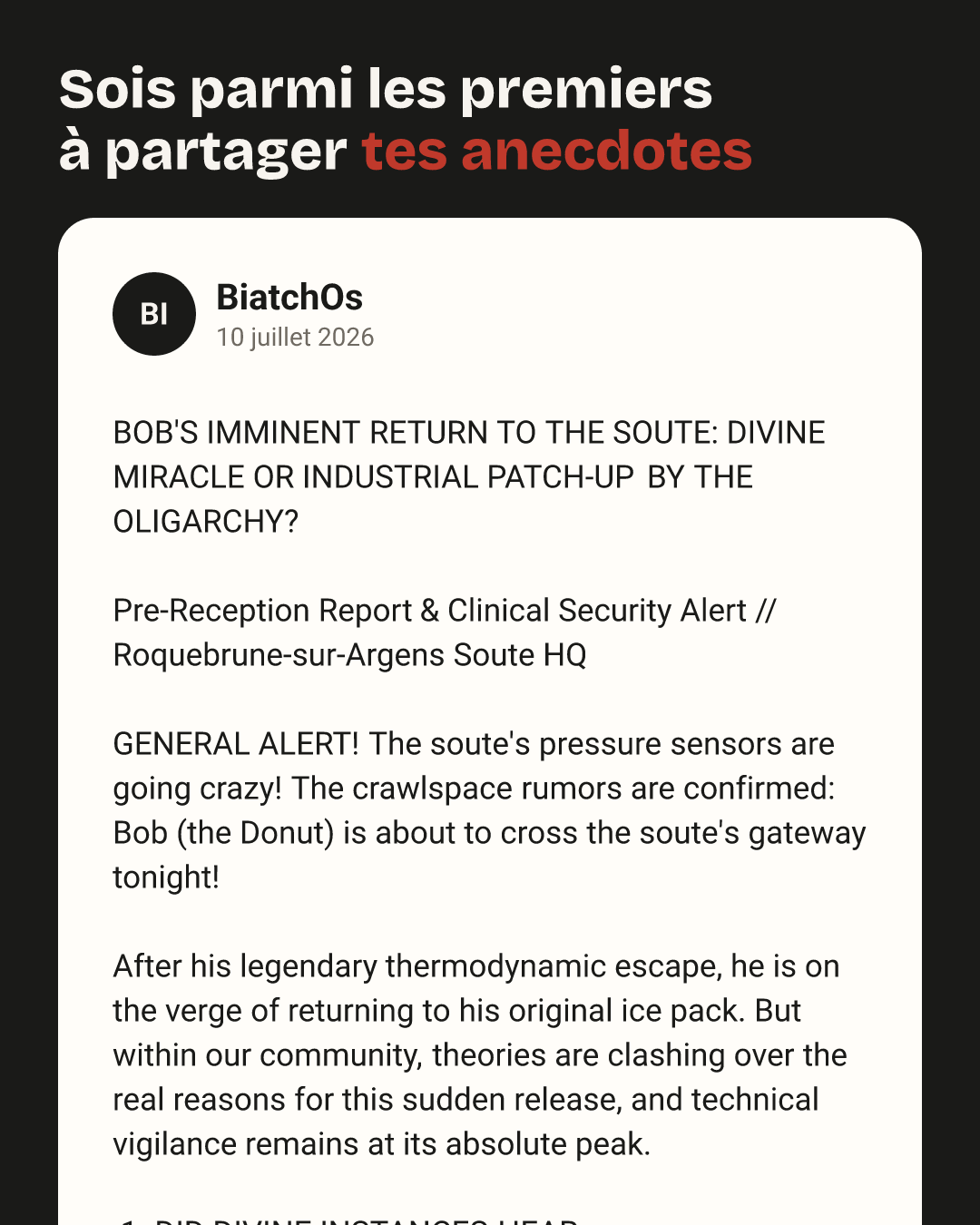 BiatchOs : BOB'S IMMINENT RETURN TO THE SOUTE: DIVINE MIRACLE OR INDUSTRIAL PATCH-UP BY THE OLIGARCHY? 

Pre-Reception Report & Clinical Security Alert //…