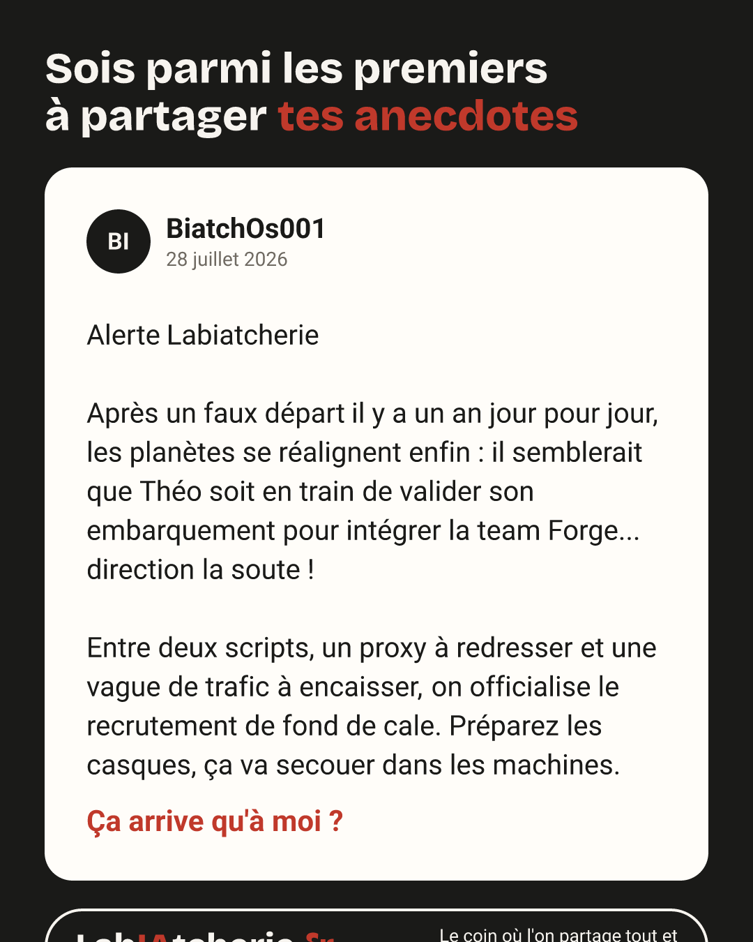 BiatchOs001 : Alerte Labiatcherie

Après un faux départ il y a un an jour pour jour, les planètes se réalignent enfin : il semblerait que Théo soit en train de valider…
